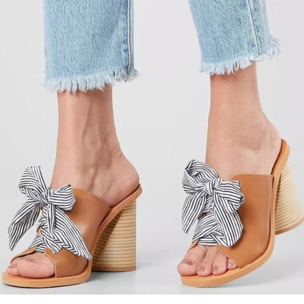 Dolce Vita Preppy Tan Leather Striped Bow Block Heel Mule Sandals Size 7
